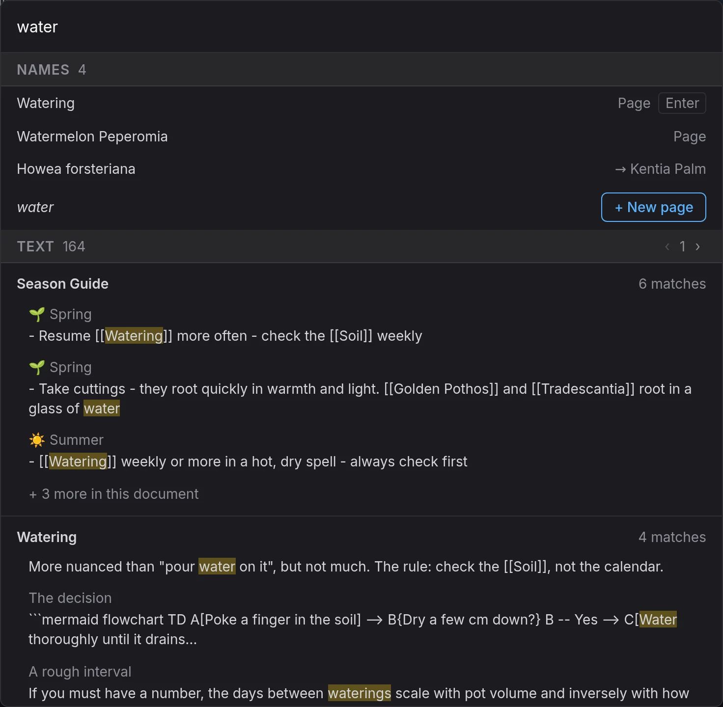 Search for water: the matching names above, with an offer to make a new page, and the notes that mention water below, grouped by document with the words highlighted